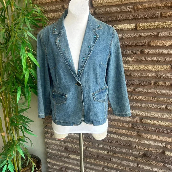 Hearts of Palm Turquoise Blue Studded Boho Southwestern Jacket Blazer Size 12 - Picture 1 of 10